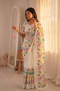 Sari en coton blanc brodé de fleurs avec bordure en dentelle, tenue traditionnelle indienne pour femmes, style décontracté, toutes saisons - Product Image 3