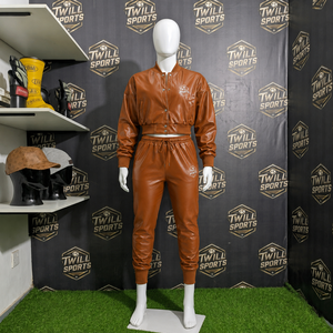 Twill Sports Women Brown PU Leather Tracksuit Full Sleeve Button Up Collar Drawstring <b>Pants</b> Sporty Leather Tracksuit Set - Product Image 2