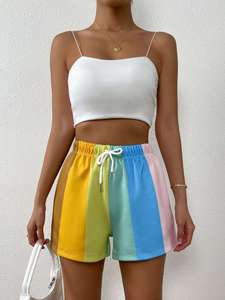 Shorts de Mujer a Rayas Arcoíris de Alta Calidad, Fábrica Auditada por BSCI, Cintura Alta, Cordón Elástico, Shorts Casuales de Verano, OEM Personalizado - Product Image 4