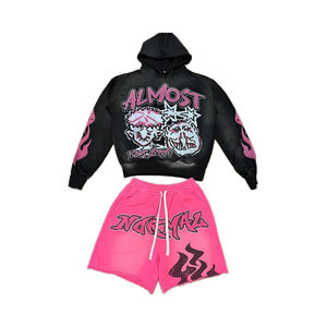 Ensemble sweat à capuche et short 2 pièces délavé à l'acide avec logo personnalisé, 100 % coton, coupe oversize, style streetwear vintage, broderie graffiti imprimée, taille XL - Product Image 1