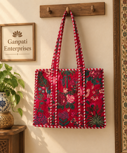 Ganpati Enterprises Women's Velvet Red Floral Print <b>Canvas</b> <b>Tote</b> Bag Bohemian Vintage Lady Fashion Travel All Seasons - Product Image 1