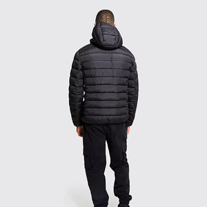 Men Hooded Puffer <b>Jacket</b> Black Polyester Windproof Winter Casual Coat Regular Fit Quilted <b>Zipper</b> Closure - Product Image 3