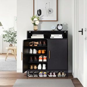 FCH 6-Layer Double Door Shoe Cabinet 80*38*90cm Black High Foot LED Lights Particle Board Elegant Shoe Racks - Product Image 6