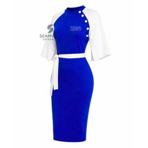 Vestido midi ajustado de mujer Zeta Phi Beta con bloques de color en contraste azul y blanco, manga tipo capa, detalle de botones y lazo en la cintura - Product Image 3