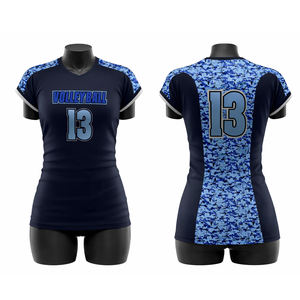 เสื้อวอลเลย์บอลหญิงสีน้ำเงินกรมท่าลายพรางแบบสั่งทำพิเศษ แขนสั้น พิมพ์ลายแบบซับลิเมชั่น ชุดทีม ระบายอากาศได้ดี แห้งเร็ว เสื้อกีฬา - Product Image 1