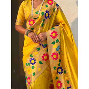 Sari en soie Paithani jaune tissé Zari avec grande bordure, vêtements indiens et pakistanais par Elite Weaves 650g - Product Image 3