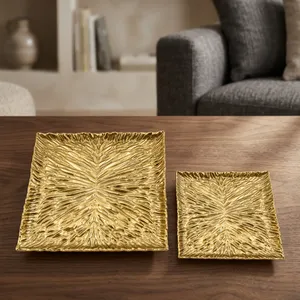 Juego de Platos Decorativos de Aluminio con Acabado Dorado, Diseño de Plumas Texturizadas, Platos Cuadrados de Metal para Decoración de Hogar de Lujo - Product Image 2