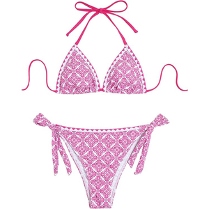 Ensemble de bikinis à imprimé géométrique rose pour femmes, haut triangle à nouer, bas string, maillot de bain deux pièces - Product Image 2