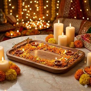 Handmade Acacia <b>Wooden</b> <b>Serving</b> Tray Gold Metal Handle Decorative Tea Snack <b>Platter</b> for Home Wedding Catering - Product Image 2