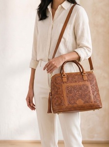 Genuine Leather Embossed Vintage Embroidered Travel <b>Backpack</b> Zipper Closure Soft Handle Shoulder Strap Polyester Lining Women - Product Image 5