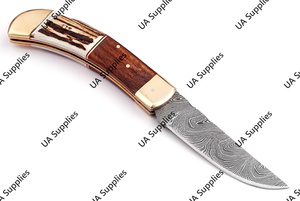 Best Price Damascus Steel <b>Back</b> Lock Folding Knife Stag Horn Rosewood Handle Brass Foldable Tactical <b>Drop</b> Point Survival ODM/ODM - Product Image 4