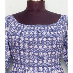 เดรสยาวทรงเอ สไตล์โบฮีเมียน ลายพิมพ์ ผ้าฝ้ายถัก แขนทรงกระดิ่ง คอเหลี่ยม ใส่สบาย เหมาะสำหรับงานปาร์ตี้ สีฟ้า รุ่นซัมเมอร์ใหม่ - Product Image 2