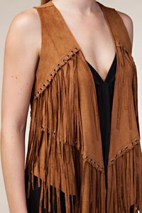 Women Brown leather Fringe <b>shawl</b> Sleeveless Long Layered Boho Style <b>Wrap</b> Top - Product Image 4