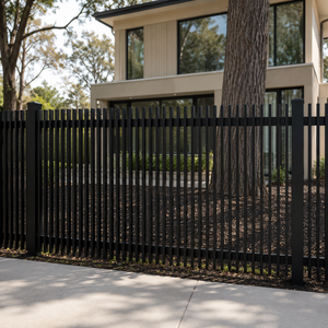 Valla metálica moderna de listones verticales negros con diseño minimalista, poste seguro y un aspecto exterior residencial contemporáneo y elegante. - Product Image 2