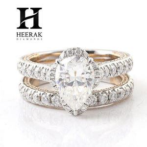 Anillo de compromiso de lujo con diamantes en forma de pera, conjunto de dos piezas, oro blanco, banda pavé con gran diamante redondo para mujer - Product Image 1