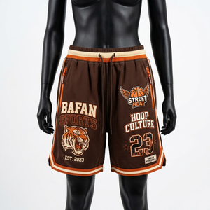 Shorts de basket-ball pour femmes, 160 GSM, polyester respirant, maille, marron, orange, panneaux rayés, logo personnalisé - Product Image 2