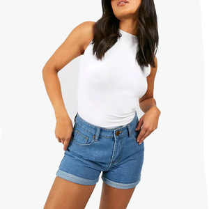 Shorts de mezclilla de cintura alta elásticos para mujer 2026, shorts azules de mezclilla con dobladillo plegado, shorts de mezclilla para mujer - Product Image 1