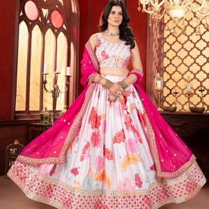 Ramdev Trading Lehenga Choli Dupatta en Soie Chinon, Blanc Floral et Rose Vibrant, Matériaux Recyclés, Style Traditionnel, Toutes Saisons - Product Image 1