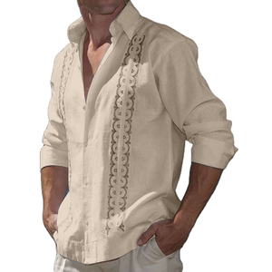 Chemise décontractée pour homme en coton blanc brodé, manches longues, col rabattu, broderie à la main, chemise en popeline respirante pour l'été - Product Image 3
