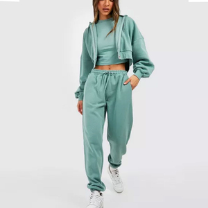 Custom Women Cropped Zip Up Hoodie Sweatpants <b>Set</b> Heavy Weight Vintage 3 Piece Tracksuit Women Hooded <b>Crop</b> <b>Top</b> Jogger <b>Sets</b> - Product Image 1