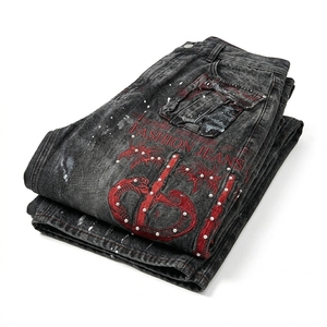 Pantalon en jean de luxe pour homme, style américain, orné de strass, tie-dye, coupe ample et large, style urbain - Product Image 2