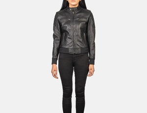 Chaqueta Bomber de Cuero Genuino de Oveja Negra para Mujer, Manga Larga, Cuello Alto, Cierre de Cremallera, Largo Regular, Resistente al Viento - Product Image 1