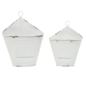 Jardinière murale vintage en métal galvanisé blanchi, décorative, motif fleur de lys, boîte à courrier murale, vase de rangement suspendu en fer rustique - Product Image 3