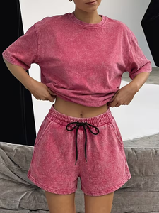 Washed 2pcs Set Women's Loose Short-Sleeve <b>Top</b> Elastic Waist Drawstring Shorts Vintage Street Style Casual Loungewear Summer - Product Image 2