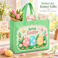 Sacs fourre-tout réutilisables en non-tissé écologiques, imprimés lapin de Pâques vert menthe, œuf, poussin, marguerite et couronne, avec logo personnalisé pour cadeaux