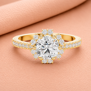 Elegant Lab Grown Cut Diamond Halo Engagement <b>Ring</b> <b>Set</b> Yellow White Rose <b>Gold</b> Vintage Inspired Pave Band Design IGI Certified - Product Image 1
