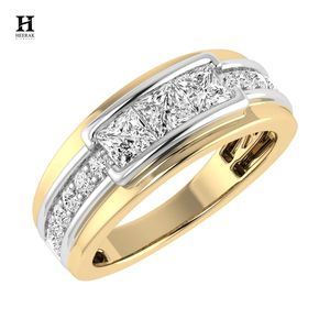 Bague de mariage pour homme en or 14 carats, bicolore, avec diamants taille princesse, trois pierres serties en canal, pour anniversaire - Product Image 2
