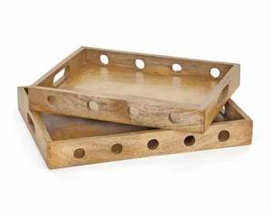 Decorative Wooden Serving Tray <b>Set</b> with Cutout Handles <b>Rustic</b> Round Edge Tray for Kitchen <b>Dining</b> Coffee <b>Table</b> Decor - Product Image 2