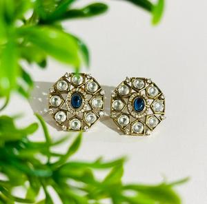 Luxury Blue Polki Round Stud Earrings Gold Plated Traditional <b>Indian</b> Bridal Wedding Party Fashion Jewelry for Women - Product Image 1