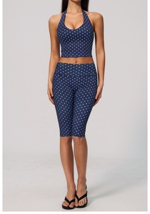 Navy Blue Polka Dot Yoga Set Halter <b>Crop</b> <b>Top</b> High Waist Calf-Length Pants Seamless 2 Piece Spandex Polyester - Product Image 3