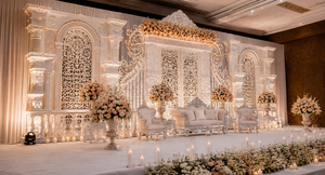 Decoración de Escenario para Recepción Estilo Bollywood Blanco de Lujo, Decoración de Escenario para Boda Estilo Bollywood, Escenario para Boda con Temática Romana, EE. UU. - Product Image 2