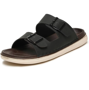 Sandales pour hommes en cuir noir à triple boucle, à semelle intermédiaire, à bout ouvert, à enfiler, décontractées, à semelle plate, légères, pour l'été, l'extérieur, le quotidien et les voyages - Product Image 1