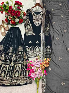 Ensemble haut, pantalon palazzo et dupatta en georgette à broderie RICH LOOK et travail de sequins de 5 mm, noir 83308 - Product Image 6