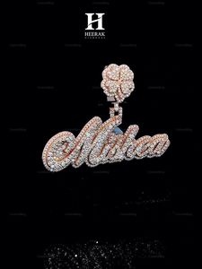 Pendentif personnalisé avec nom en or rose 14 carats, diamant de laboratoire VVS, plaque nominative cursive, trèfle à quatre feuilles, pendentif hip-hop, bijoux - Product Image 4