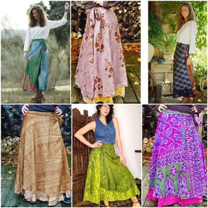 Vintage <b>Silk</b> Wrap <b>Skirt</b> – Free Size Boho Long <b>Skirt</b> with 48 Inch Waist and 36 Inch Length - Product Image 2