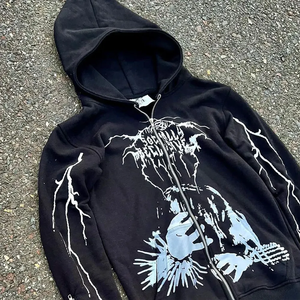 Sweat-shirt à capuche zippé noir pour homme, streetwear, imprimé graphique, coton French Terry, coupe classique, vêtements d'automne - Product Image 4