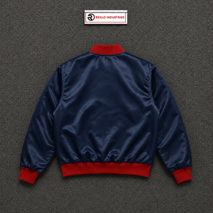 Chaqueta Varsity Azul Marino Satinado con Cuello, Puños y Cinturón Rojos Acanalados, Chaqueta Bomber Brillante Premium Personalizada al por Mayor para Hombre - Product Image 6