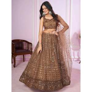 Robe de soirée attrayante en sequins marron, lehenga choli en tulle doux - Product Image 2