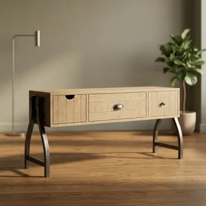 Meuble TV en bois et fer, petit modèle avec trois tiroirs frontaux en rotin, console multimédia de style industriel pour salon - Product Image 2