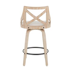 Sgabello da bancone Charlotte da 26 pollici a altezza fissa, in legno bianco sbiancato e tessuto crema, con funzione girevole, set di 2 sedie da pranzo in stile rustico - Product Image 5