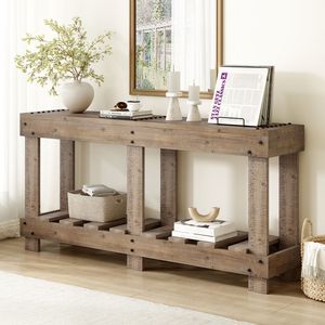 Tavolo Console U_Style in Legno di Abete Massiccio Vintage da 159,75 cm, 6 Gambe Rinforzate, Piano Spesso 11,43 cm, Design con Rivetti Metallici, Finitura Naturale - Product Image 1