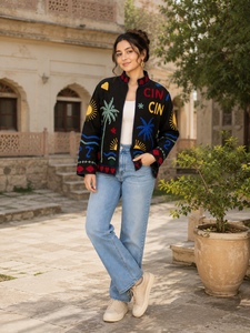 Black Velvet Mandarin Collar Jat With Sun Palm Embroidery Full Sleeve Zipper Closure Women's Summer Outerwear - Product Image 3