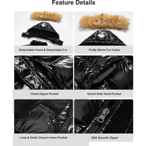 Men's Black Hooded Puffer Jacket With <b>Fur</b> <b>Trim</b> Windproof Zipper Closure Casual Winter Down Filled Regular Fit Solid Color OEM - Product Image 5