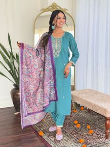 Ensemble tendance pour femme : Kurti droit en viscose Chanderi bleu sarcelle brodé avec pantalon Chanderi et dupatta en lin - Product Image 6