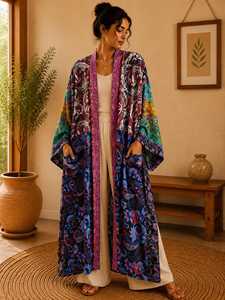 <b>Light</b> Weight Silk Long Dressing Gown With Two pocket Patchwork Silk Kimono Robe For Women - Product Image 4
