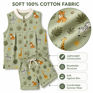 ชุดฤดูร้อน Safari Trail เสื้อแขนกุดและกางเกงขาสั้นผ้าฝ้าย 100% คอจีน ลายสัตว์ สำหรับเด็ก - Product Image 3